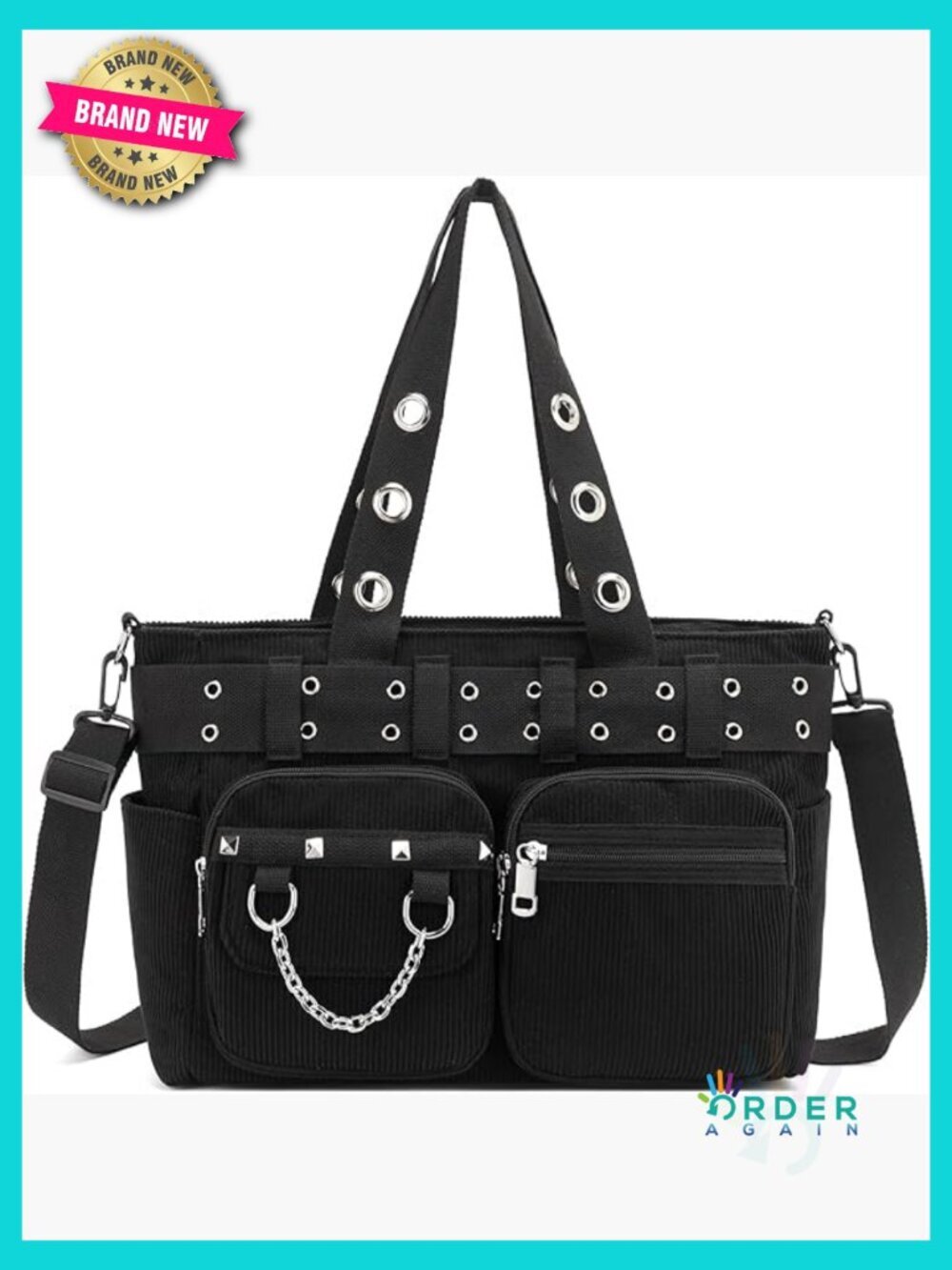 Corduroy Gothic Tote Bag with Zipper Adjustable Strap Y2K Style